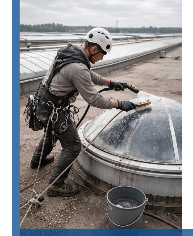 Мойка зенитных фонарей на кровле для промышленных объектов в Алексине