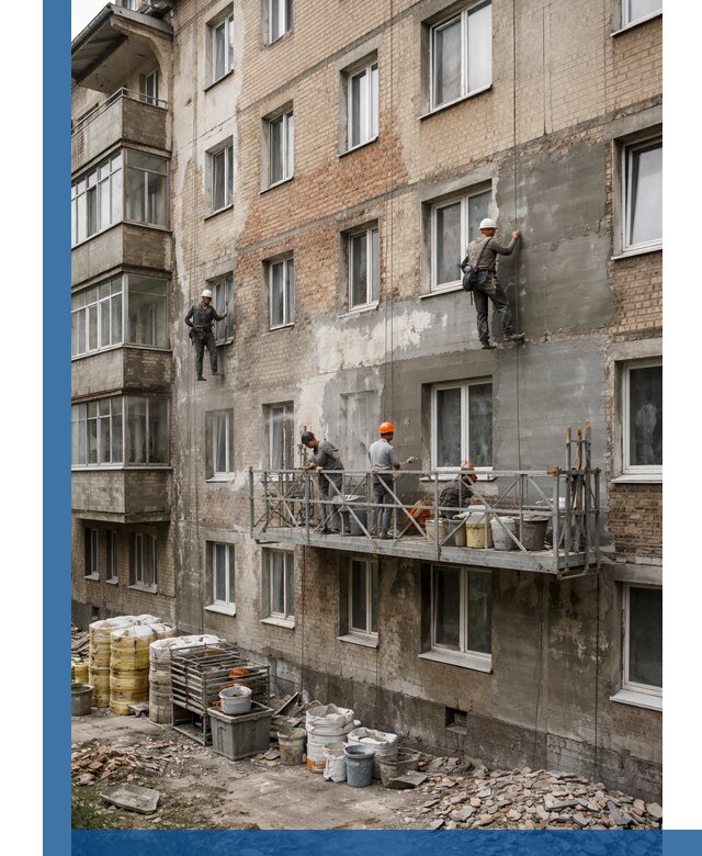 Капитальный ремонт фасада в Алексине с восстановлением и гидроизоляцией