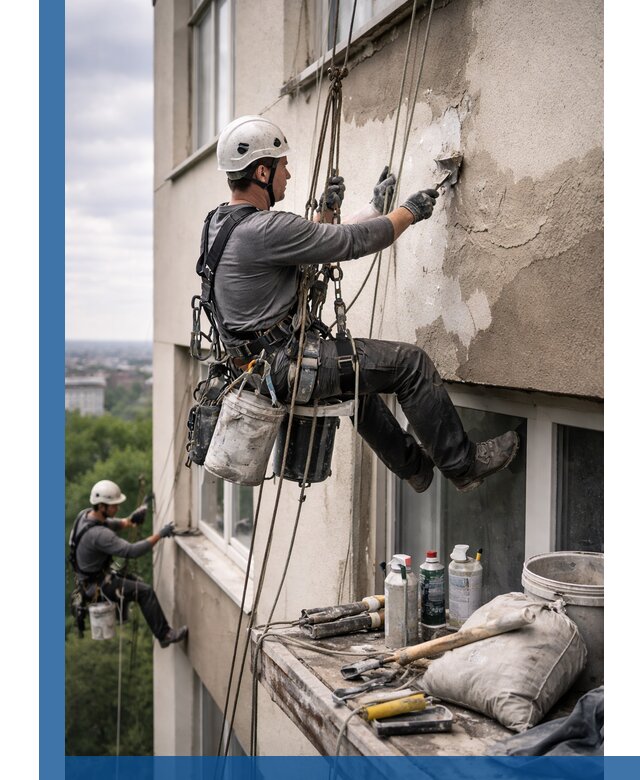 Косметический ремонт фасада зданий в Алексине промышленными альпинистами