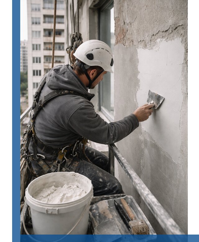 Шпаклевка фасадов на высоте с промальпинистами в Алексине