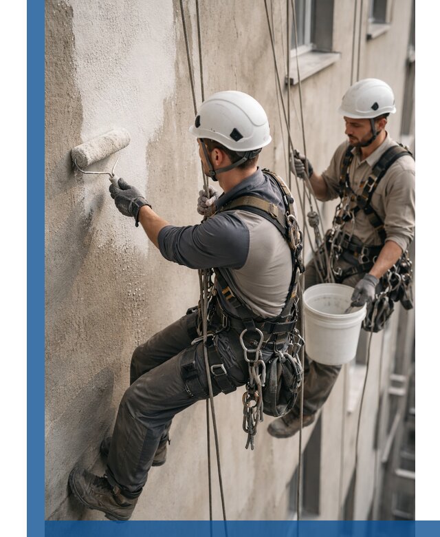 Грунтовка фасада на высоте в Алексине промышленными альпинистами