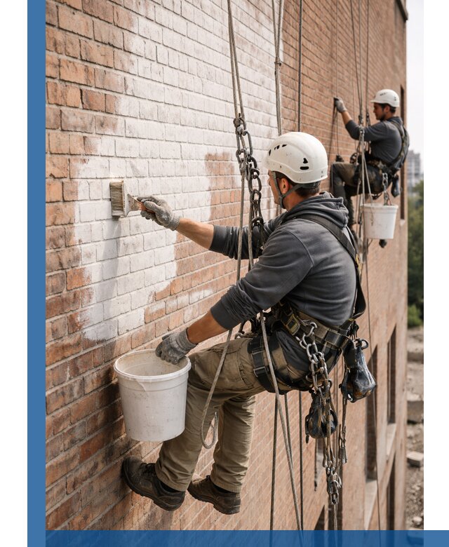 Покраска кирпичного фасада с доступным альпинистским сервисом в Алексине