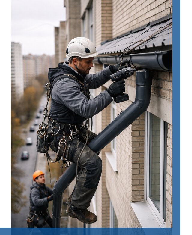 Монтаж водосточной системы на здании в Алексине от 5494 р. | ВЫСОТНИК-Лкс