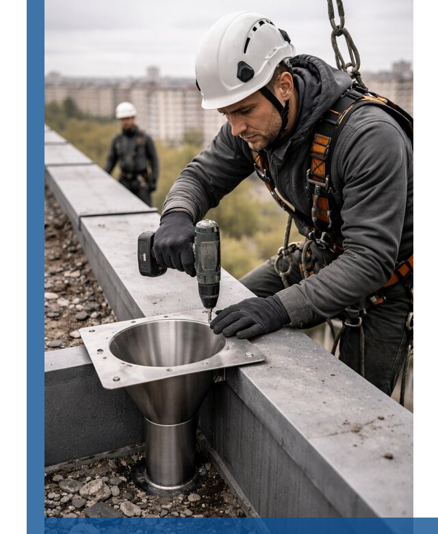 Монтаж водосточных воронок в Алексине для промышленных зданий