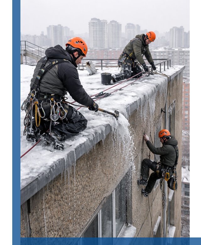 Удаление наледи с кровли в Алексине промышленными альпинистами