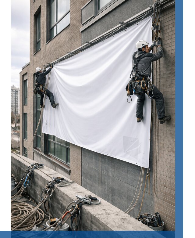 Монтаж баннеров на фасаде в Алексине от 714 р. заказать ВЫСОТНИК-Лкс