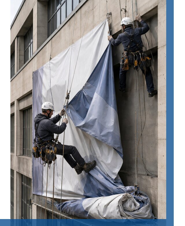 Демонтаж баннеров с фасада в Алексине от 4945 р. | ВЫСОТНИК-Лкс