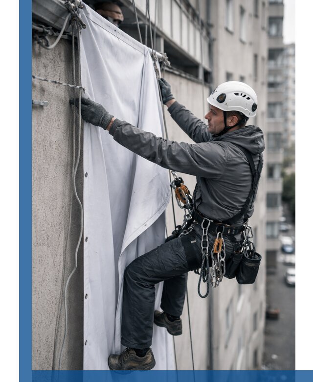 Замена баннерного полотна промышленными альпинистами в Алексине
