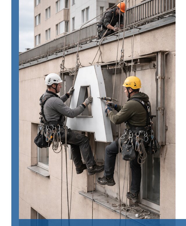 Ремонт и восстановление наружных вывесок на высоте в Алексине