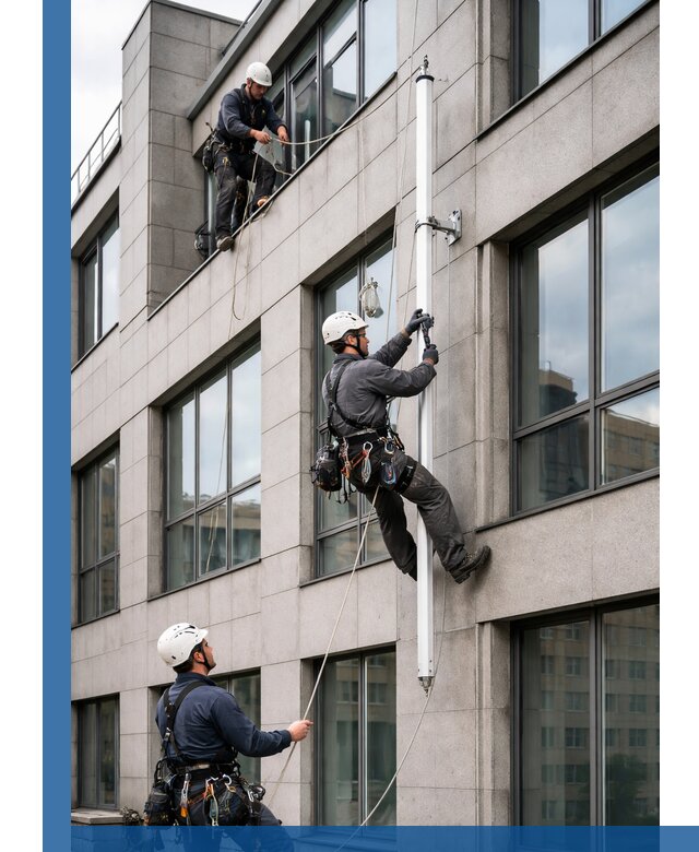 Монтаж флагштока на фасаде здания с креплением и герметикой в Алексине