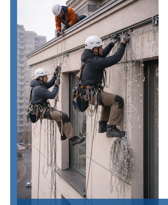 Монтаж праздничных гирлянд на фасаде в Алексине для зданий