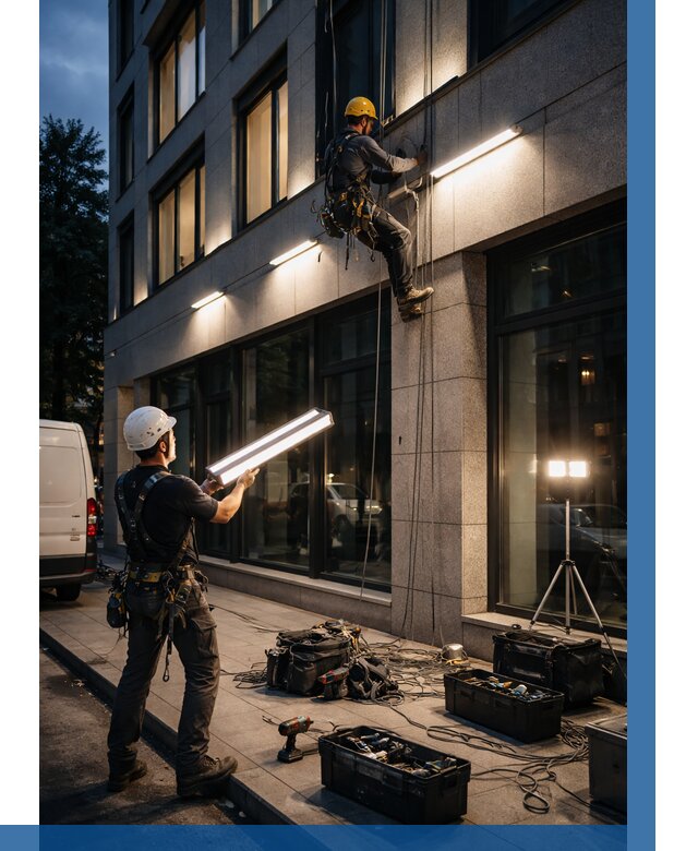 Монтаж архитектурной подсветки здания в Алексине от 2747 р.|ВЫСОТНИК-Лкс