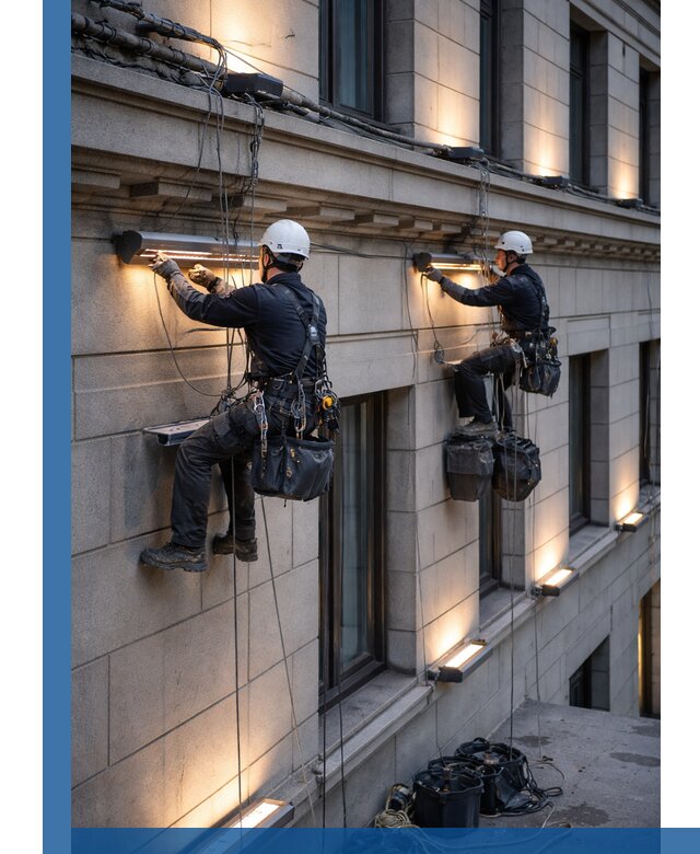 Монтаж архитектурной подсветки фасадов зданий в Алексине