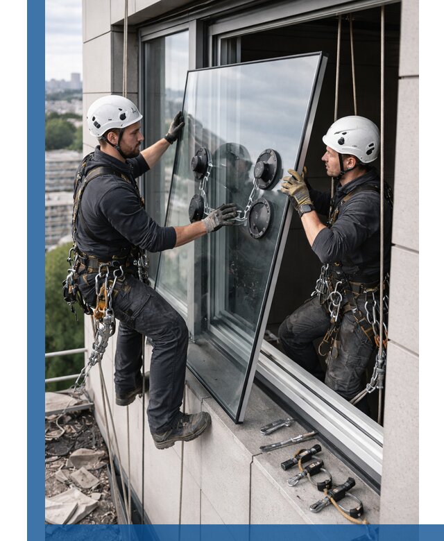 Замена стеклопакетов на высоте с промышленными альпинистами в Алексине
