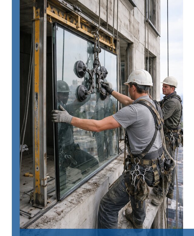 Монтаж стеклопакетов на высоте в Алексине с промышленным альпинизмом