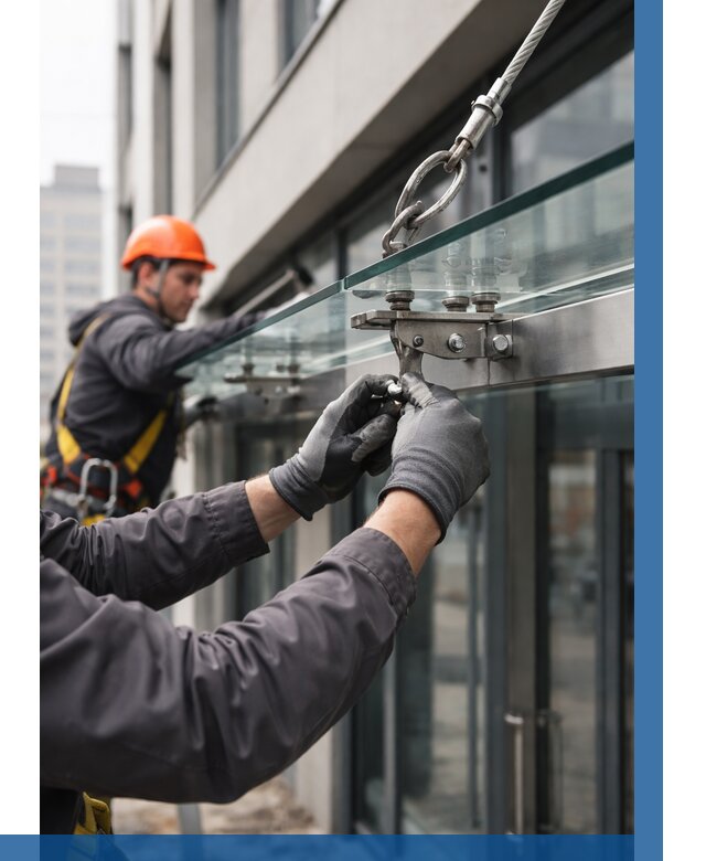 Монтаж стеклянных козырьков в Алексине от 9340 р. | ВЫСОТНИК-Лкс