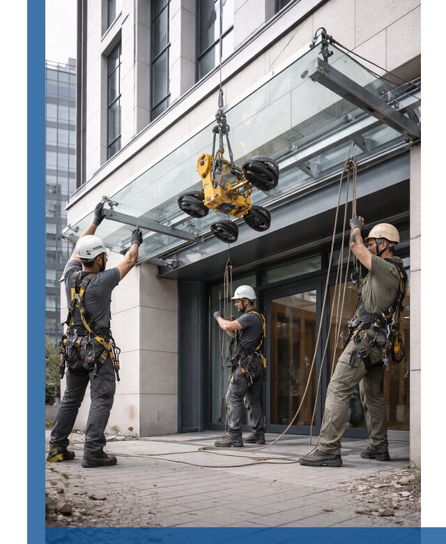 Монтаж стеклянных козырьков под ключ в Алексине для зданий