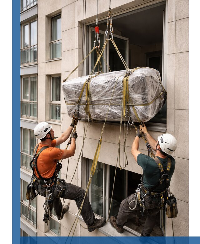 Подъем грузов через окно в Алексине промышленными альпинистами