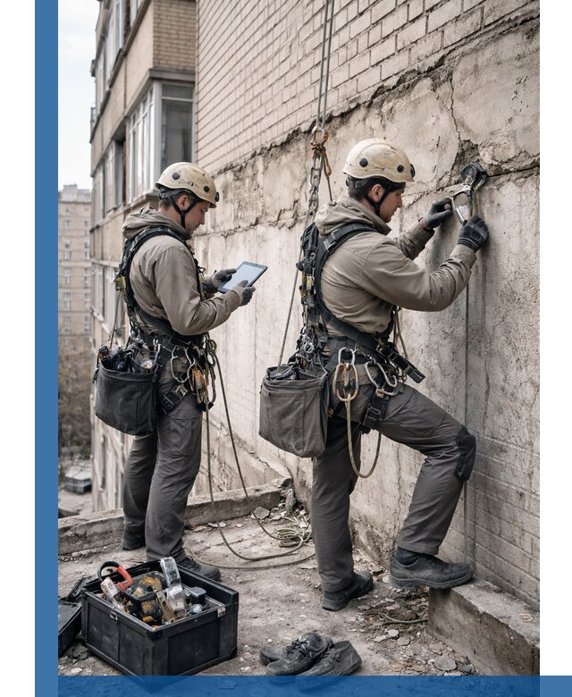 Обследование фасада промышленными альпинистами в Алексине